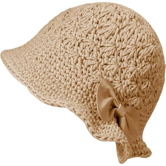 Women Winter Crochet Bucket Hat Bow Khaki